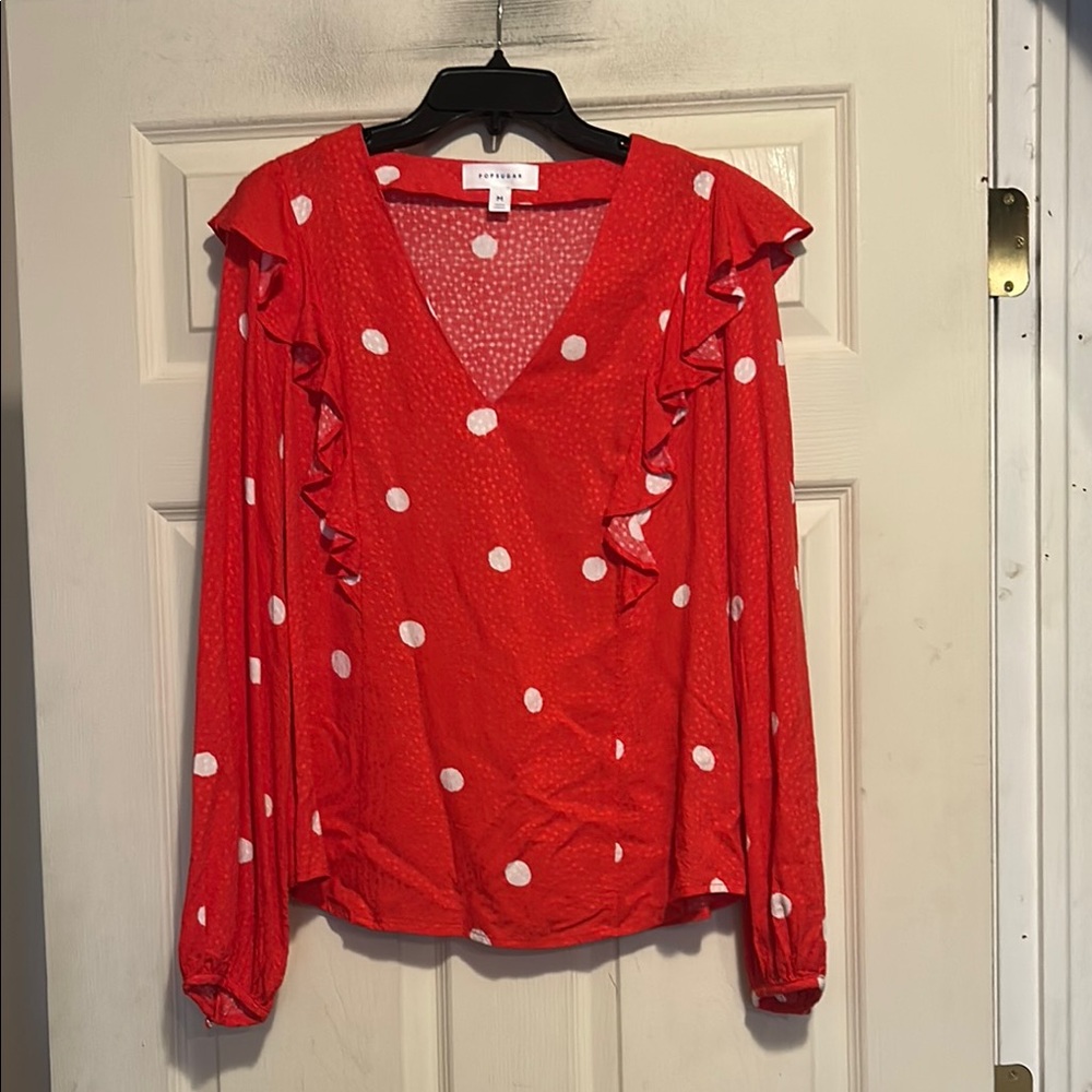 POPSUGAR Polka Dot Ruffle Top Size Medium
